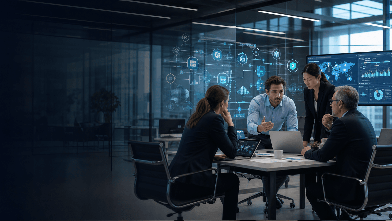 Enterprise team reviewing AI workflow dashboards